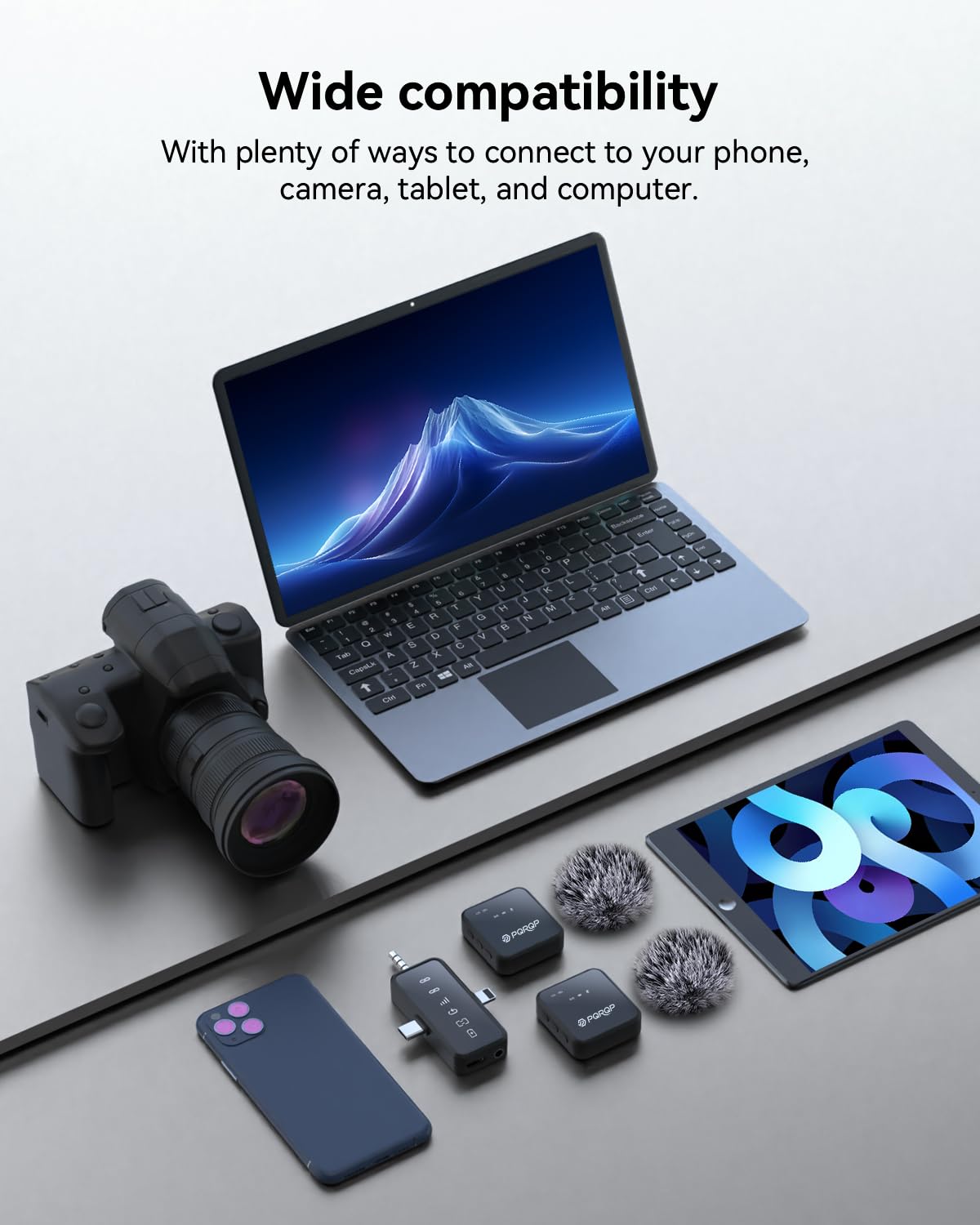 PQRQP 3-in-1 Mini Microphone for iPhone/Android/Camera, Hi-Fi Audio, 48kHz/24-bit, Wireless Microphones, 328ft Range, 20H Battery, Lapel Mic with Noise Reduction for Live Streaming, TikTok, YouTube