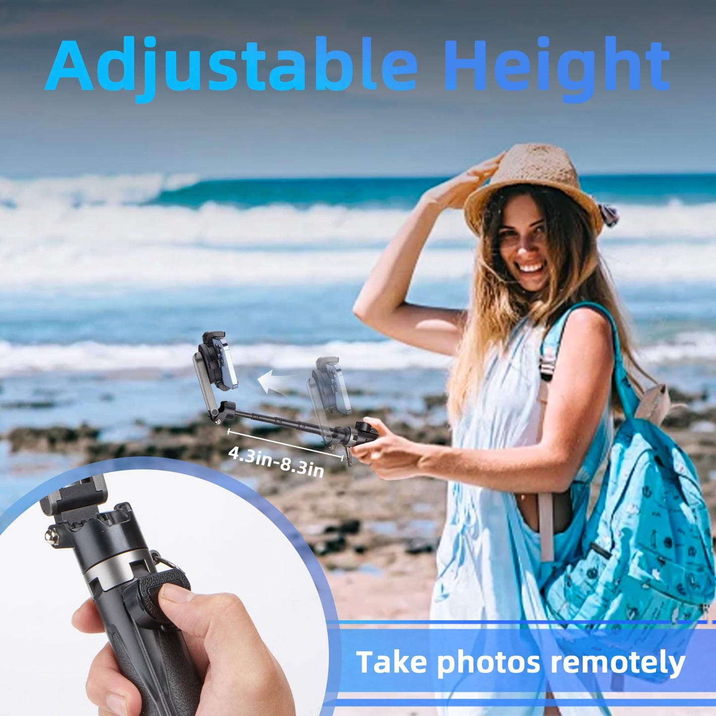 MQOUNY for Magsafe Tripod Stand for iPhone,Portable Pocket Size Selfie Stick with Rechargeable Remote and Metal Ring,Extendable Detachable Cell Phone Tripod Compatible with iPhone/Android