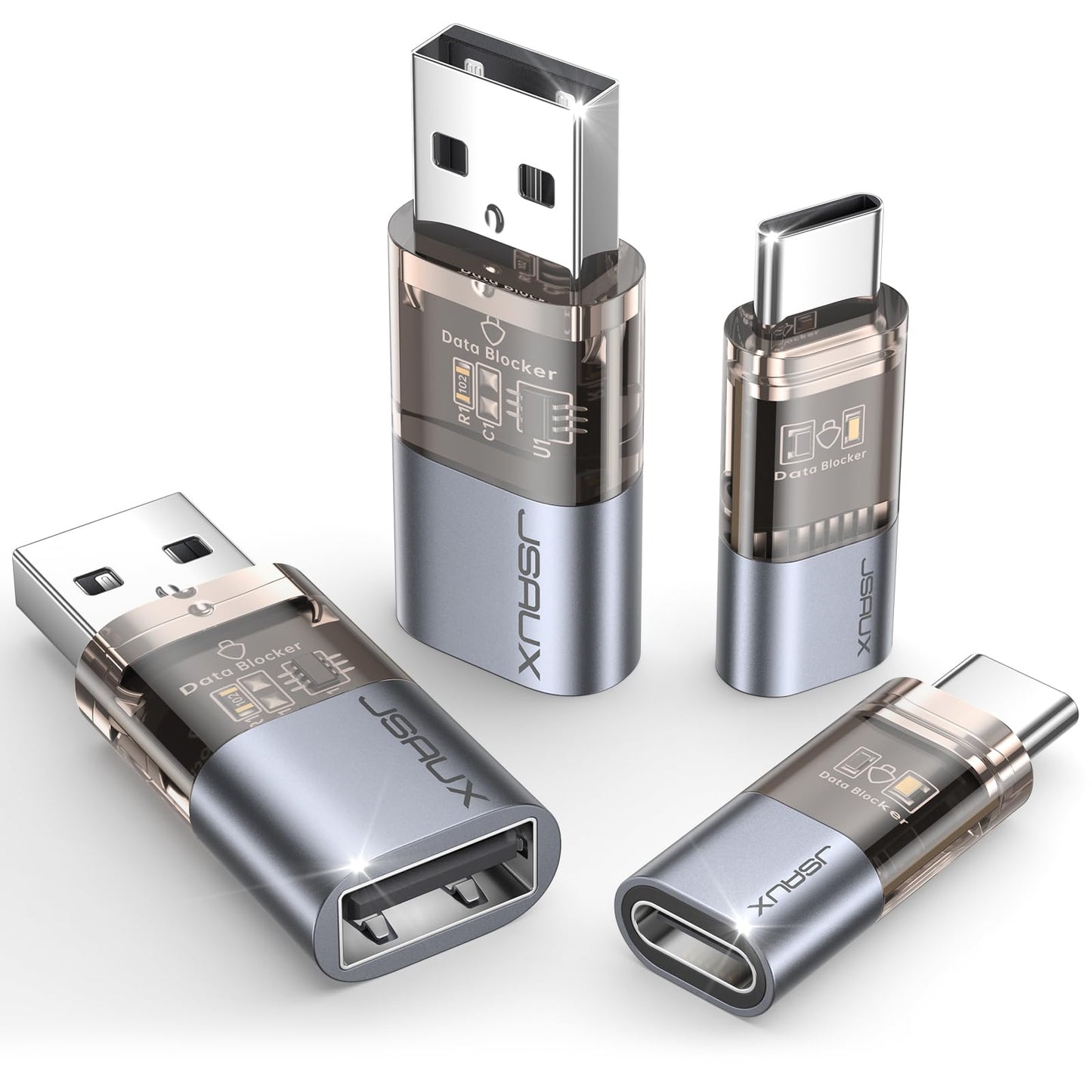 JSAUX USB Data Blocker & USB C Data Blocker (4-Pack), Transparent Type A & Type C Data Blocker Only for Charge, Protect Against Juice Jacking, Refuse Hacking Provide Safe Charging