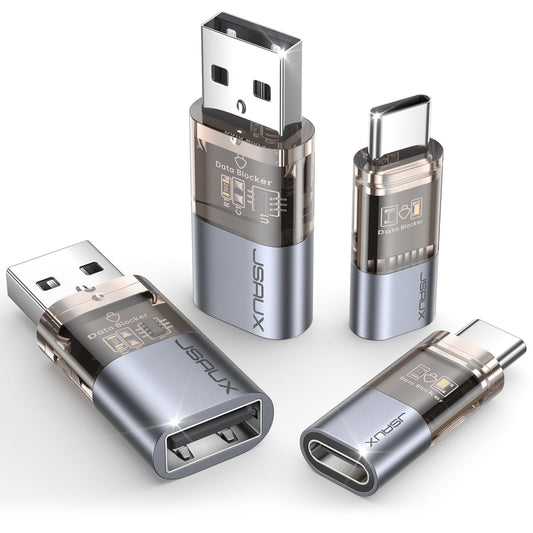 JSAUX USB Data Blocker & USB C Data Blocker (4-Pack), Transparent Type A & Type C Data Blocker Only for Charge, Protect Against Juice Jacking, Refuse Hacking Provide Safe Charging