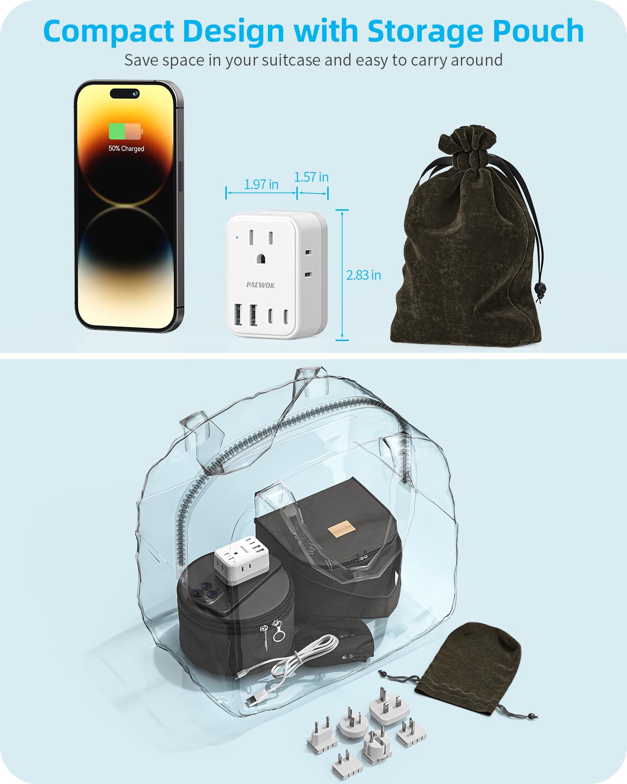 International Power Adapter Set, US to EU/UK/AUS/Japan Universal Travel Adapter- 4 AC Outlets 4 USB Ports (2 USB C), Worldwide Travel Plug Adapter Kit Include Type F/G/I/C/B/A Detachable Charger Plug